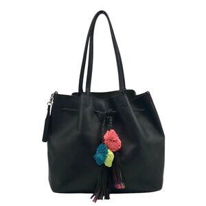 Loeffler Randall Black Leather Pom-Pom Drawstring Tote Bag